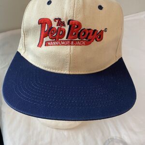 Pep Boys cap vntg embroidered Manny Moe & Jack creme canvas snapback